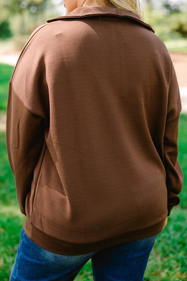 Chic Soul plus size clothing, brown 1/4 zip pullover with collar and front pocket
