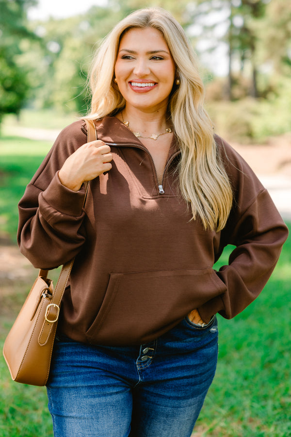 Chic Soul plus size clothing, brown 1/4 zip pullover with collar and front pocket