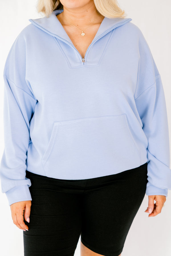 Chic Soul plus size clothing, dusty blue quarter zip pullover with front pocket
