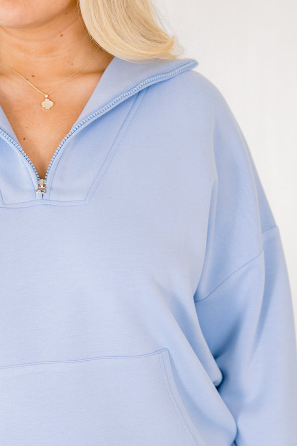 Chic Soul plus size clothing, dusty blue quarter zip pullover with front pocket