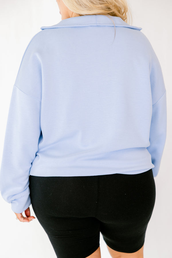Chic Soul plus size clothing, dusty blue quarter zip pullover with front pocket