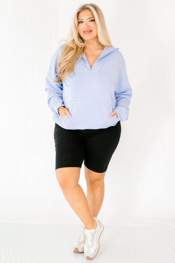 Chic Soul plus size clothing, dusty blue quarter zip pullover with front pocket