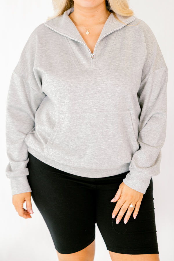 Chic Soul plus size clothing, grey long sleeve pullover with a zipper going down to the chest 