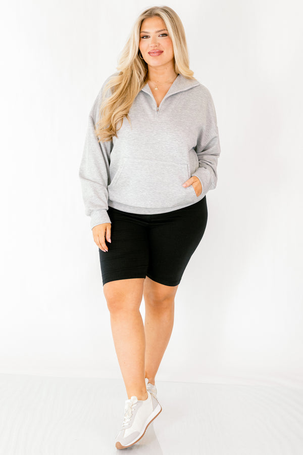 Chic Soul plus size clothing, grey long sleeve pullover with a zipper going down to the chest 