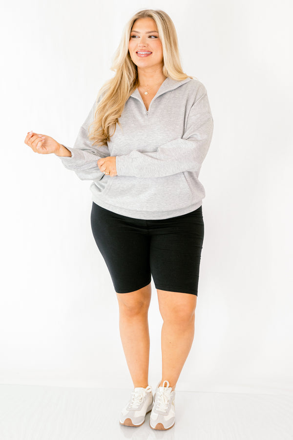 Chic Soul plus size clothing, grey long sleeve pullover with a zipper going down to the chest 