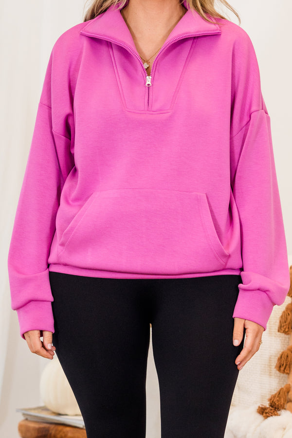 Chic Soul plus size clothing, long-sleeve pink quarter-zip pullover with kangaroo pockets
