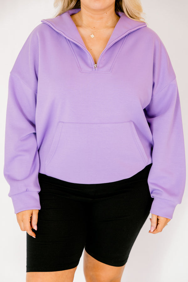 Chic Soul plus size clothing, bright purple quarter zip pullover with front center pocket 