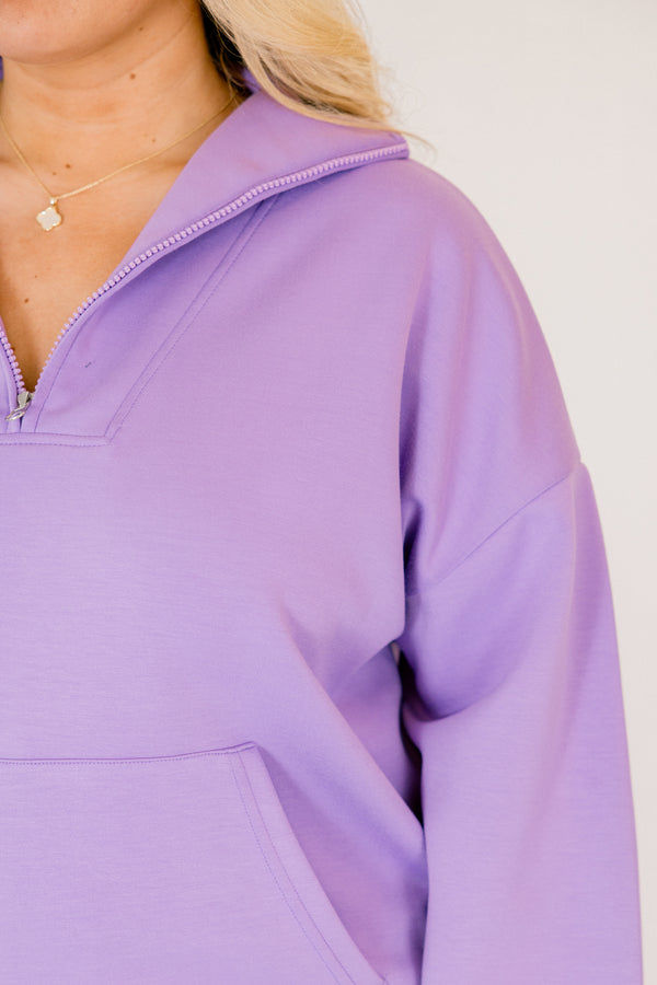 Chic Soul plus size clothing, bright purple quarter zip pullover with front center pocket 