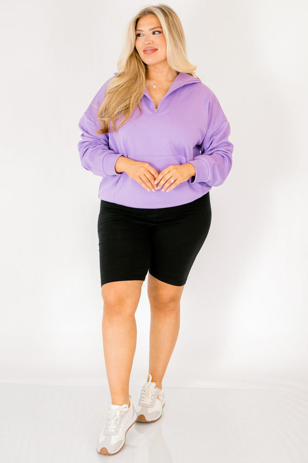 Chic Soul plus size clothing, bright purple quarter zip pullover with front center pocket 
