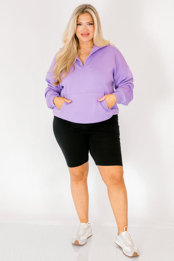 Chic Soul plus size clothing, bright purple quarter zip pullover with front center pocket 