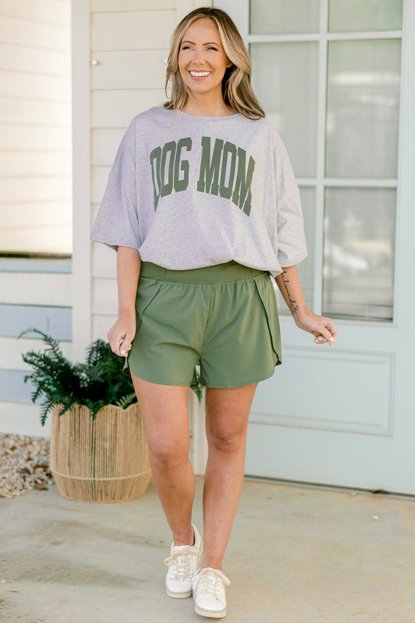 Chic soul plus size clothing, solid olive color active shorts with a high waistband and zipper on the back of the waist band 