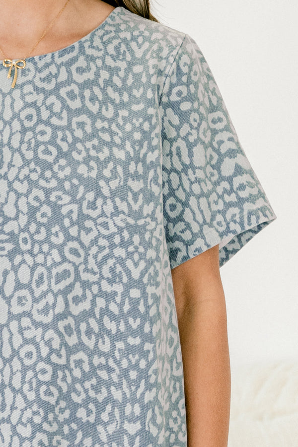 Chic Soul plus size clothing, grey denim short sleeve dress with a leopard print and a ruffle at the end of the dress 
