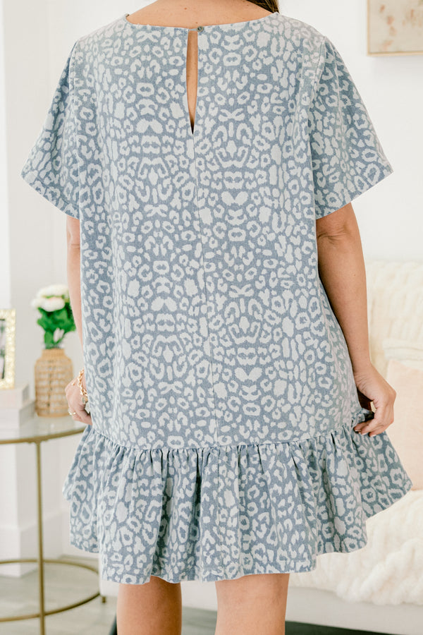 Chic Soul plus size clothing, grey denim short sleeve dress with a leopard print and a ruffle at the end of the dress 
