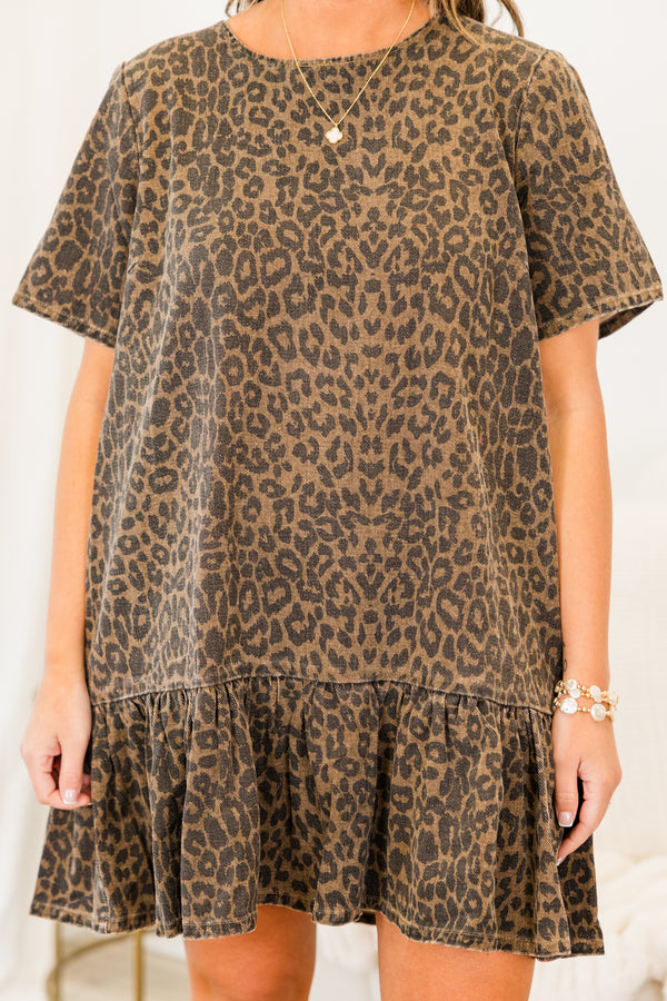 Chic Soul plus size clothing, washed brown short sleeve leopard print mini dress with ruffle along the bottom with round neckline