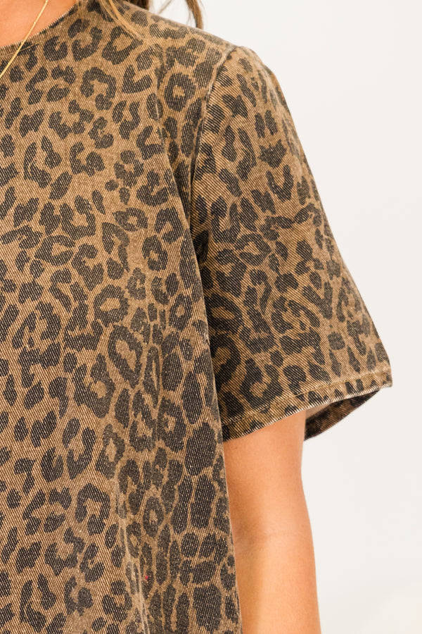 Chic Soul plus size clothing, washed brown short sleeve leopard print mini dress with ruffle along the bottom with round neckline