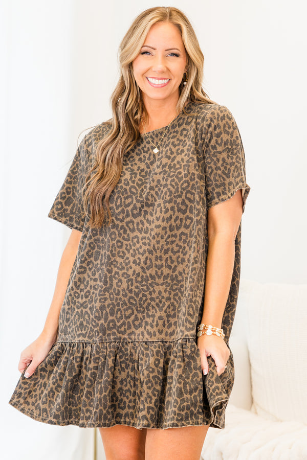 Chic Soul plus size clothing, washed brown short sleeve leopard print mini dress with ruffle along the bottom with round neckline
