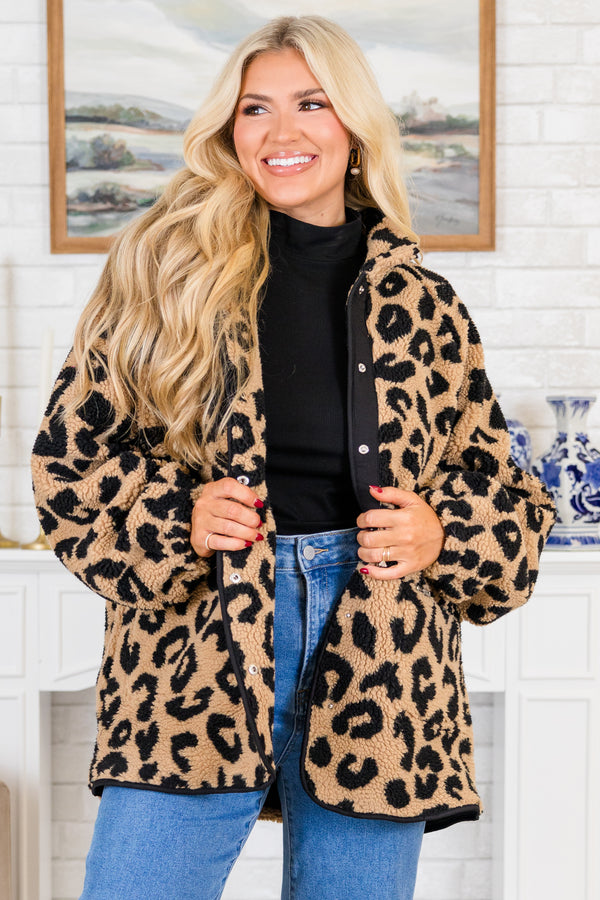 Plus Size leopard print sherpa coat in tan and black with a snap-front closure and black trim.