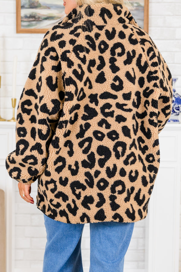 Plus Size leopard print sherpa coat in tan and black with a snap-front closure and black trim.