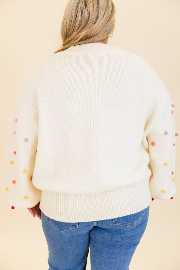 Chic Soul plus size clothing, cream knitted sweater with multicolor puff balls pattern