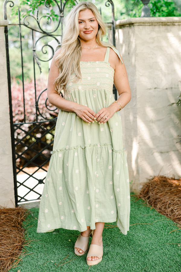 Chic Soul plus size clothing, sage mint maxi dress with embroidered white daisy flowers and bow tied shoulder straps