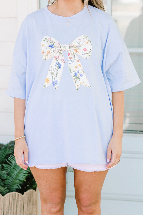 Chic Soul plus size clothing, ash blue short sleeve boyfriend tee with white and floral pattern bow