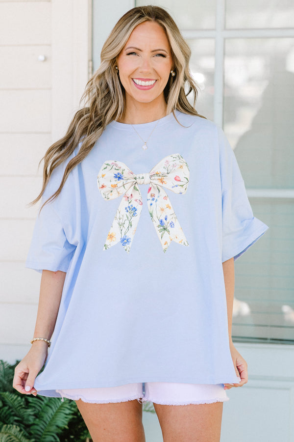 Chic Soul plus size clothing, ash blue short sleeve boyfriend tee with white and floral pattern bow