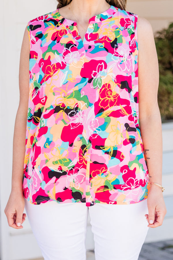 Chic Soul plus size clothing, sleeveless pink/jade top with small v-neckline and multi-colored floral pattern
