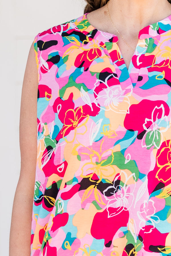 Chic Soul plus size clothing, sleeveless pink/jade top with small v-neckline and multi-colored floral pattern