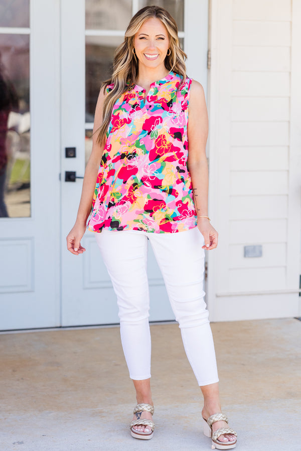 Chic Soul plus size clothing, sleeveless pink/jade top with small v-neckline and multi-colored floral pattern