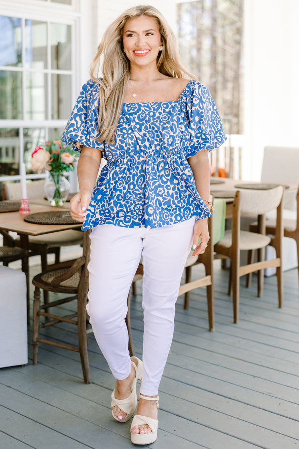 Chic Soul plus size clothing, short-puffed-sleeve blue square-neckline baby doll top with a smocked detailing and a blue and white floral abstract pattern