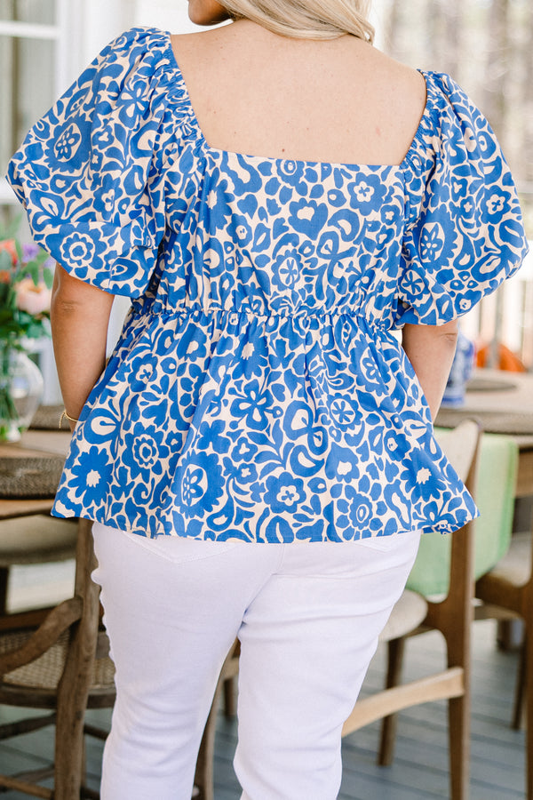 Chic Soul plus size clothing, short-puffed-sleeve blue square-neckline baby doll top with a smocked detailing and a blue and white floral abstract pattern
