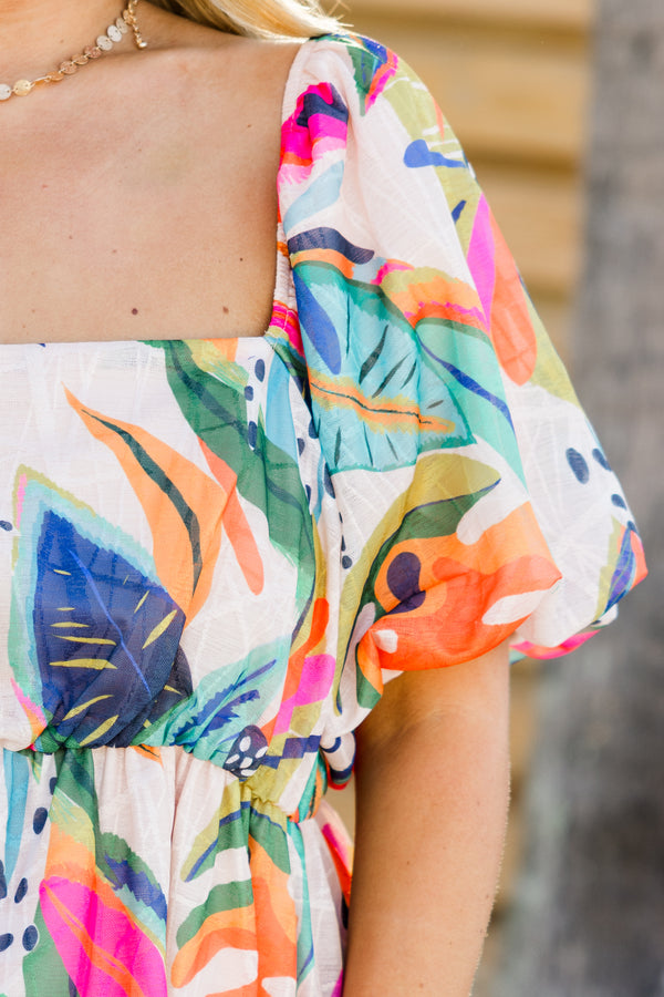 Chic Soul plus size clothing, short sleeve pink multi tropical floral print baby doll top with square neckline and puff sleeves
