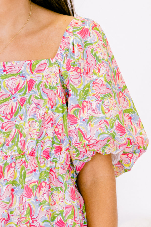 Chic Soul plus size clothing, short-puffed-sleeve pink abstract baby doll top with a square-neckline