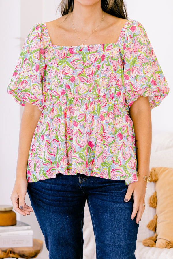 Chic Soul plus size clothing, short-puffed-sleeve pink abstract baby doll top with a square-neckline