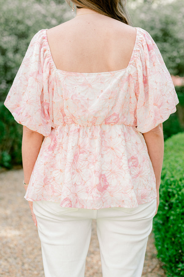 Chic Soul plus size clothing, pink floral print short sleeve peplum square neckline top with puff sleeves