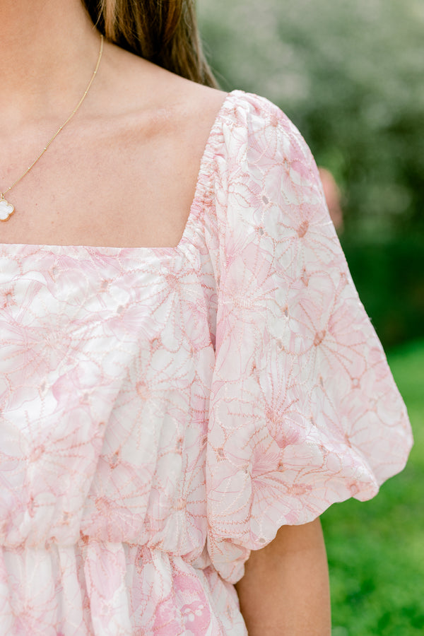 Chic Soul plus size clothing, pink floral print short sleeve peplum square neckline top with puff sleeves