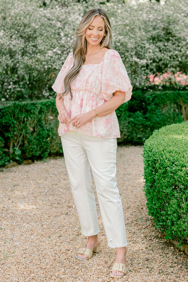 Chic Soul plus size clothing, pink floral print short sleeve peplum square neckline top with puff sleeves