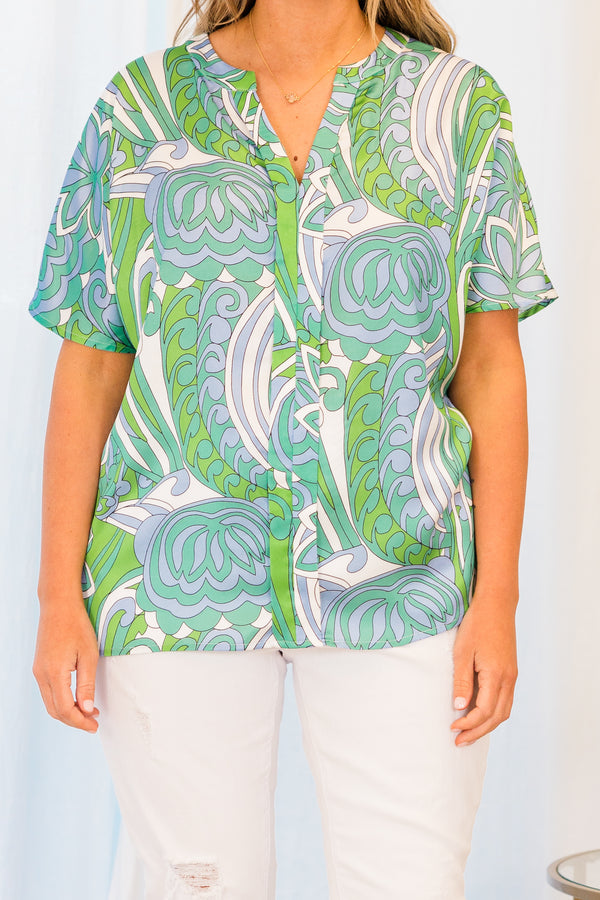 Chic Soul plus size clothing, green and blue paisley patterned short sleeve top