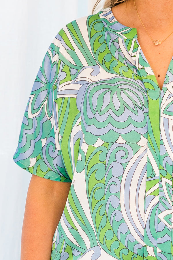 Chic Soul plus size clothing, green and blue paisley patterned short sleeve top