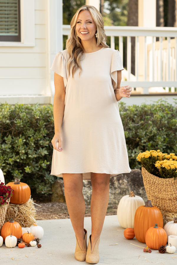 Chic Soul plus size clothing, short sleeve oatmeal colored dress with ruffle sleeves