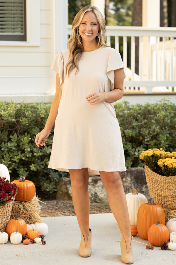 Chic Soul plus size clothing, short sleeve oatmeal colored dress with ruffle sleeves