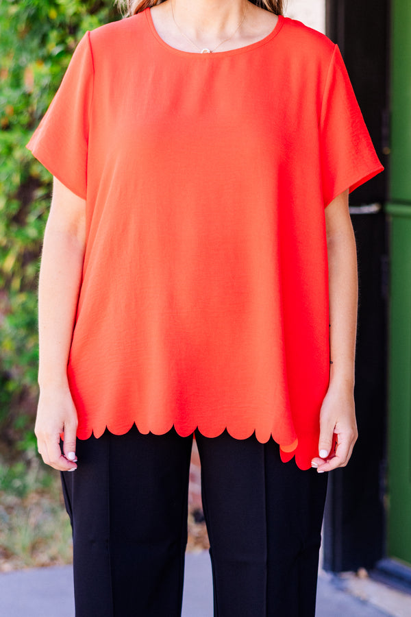 Chic Soul plus size clothing, hot coral short sleeve scallop edge top