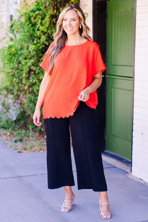 Chic Soul plus size clothing, hot coral short sleeve scallop edge top