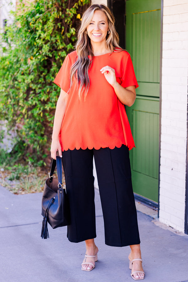 Chic Soul plus size clothing, hot coral short sleeve scallop edge top