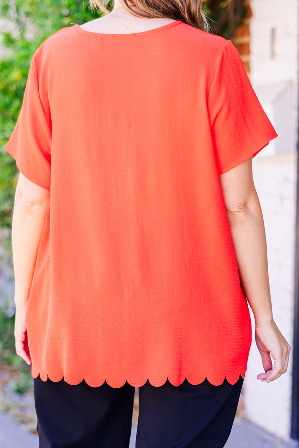 Chic Soul plus size clothing, hot coral short sleeve scallop edge top