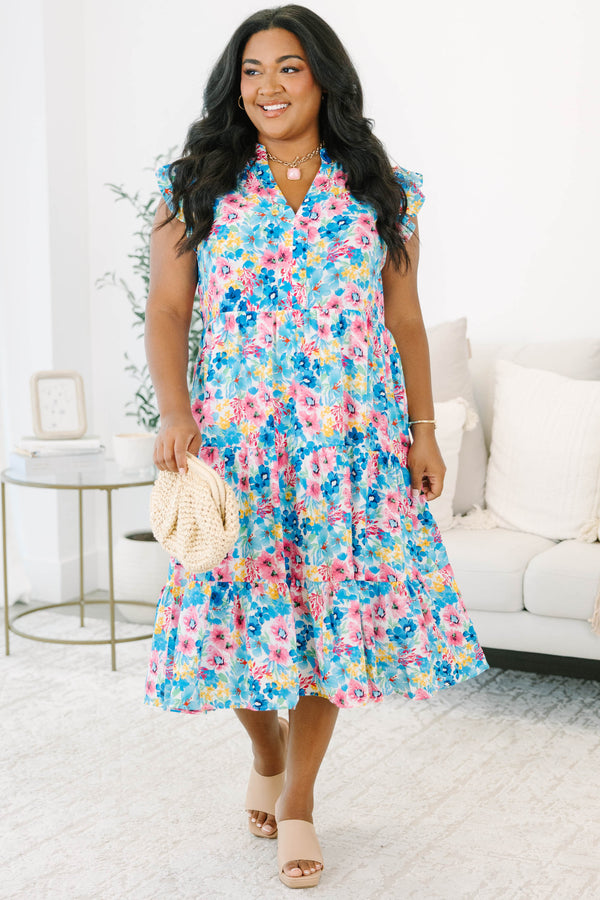 Chic Soul plus size clothing, bright blue and white floral short-flutter sleeve slit neckline flowy midi dress with pockets