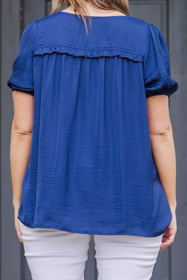 Chic Soul plus size clothing, navy short sleeve satin top with puff sleeves with v neckline