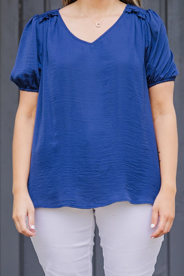 Chic Soul plus size clothing, navy short sleeve satin top with puff sleeves with v neckline
