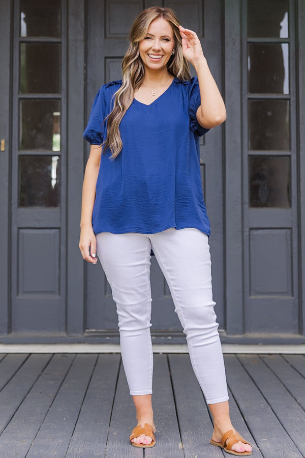Chic Soul plus size clothing, navy short sleeve satin top with puff sleeves with v neckline