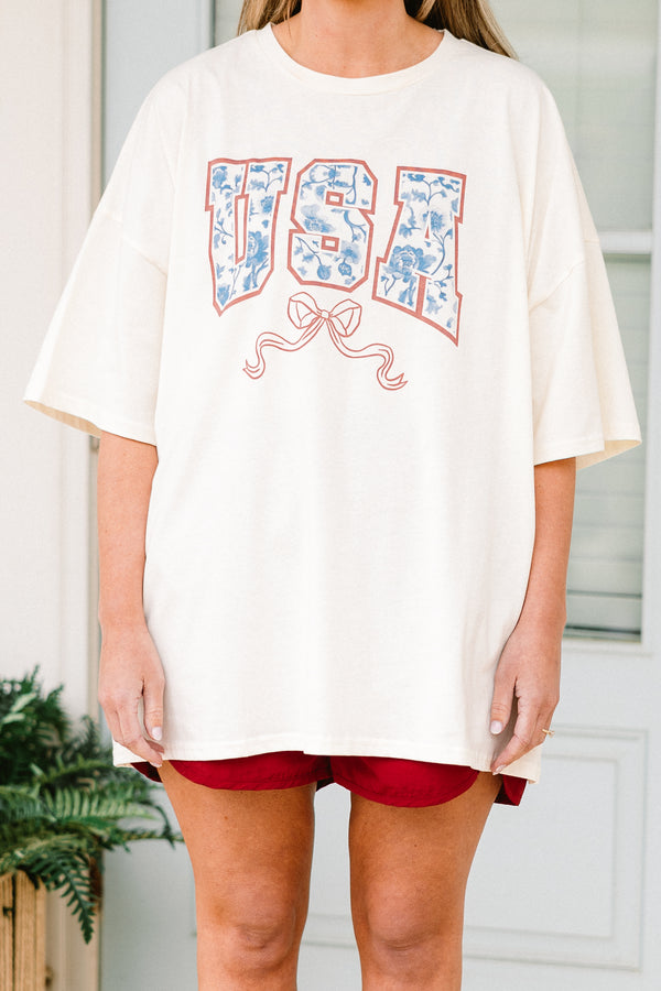 Chic Soul plus size clothing, short-sleeve ivory white drop-shoulder boyfriend tee with a red white and blue graphic lettering stating 